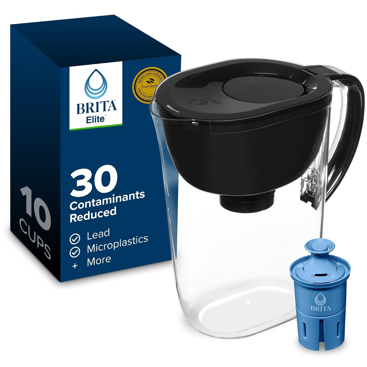 Brita Everyday Elite Jarra de Filtro de Agua | 10 tazas, negro, incluye 1 filtro, 99% plomo