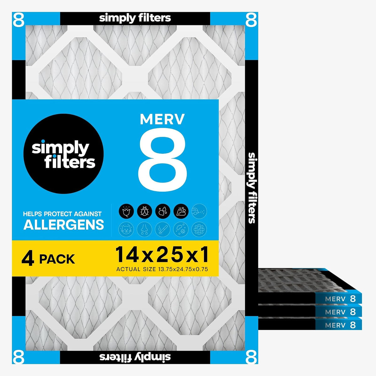 Simply by MervFilters 14 x 25 x 1 (tamaño real - 13.7 x 24.8 x 0.7 pulgadas), filtro de horno Merv 8 AC - Paquete de 4