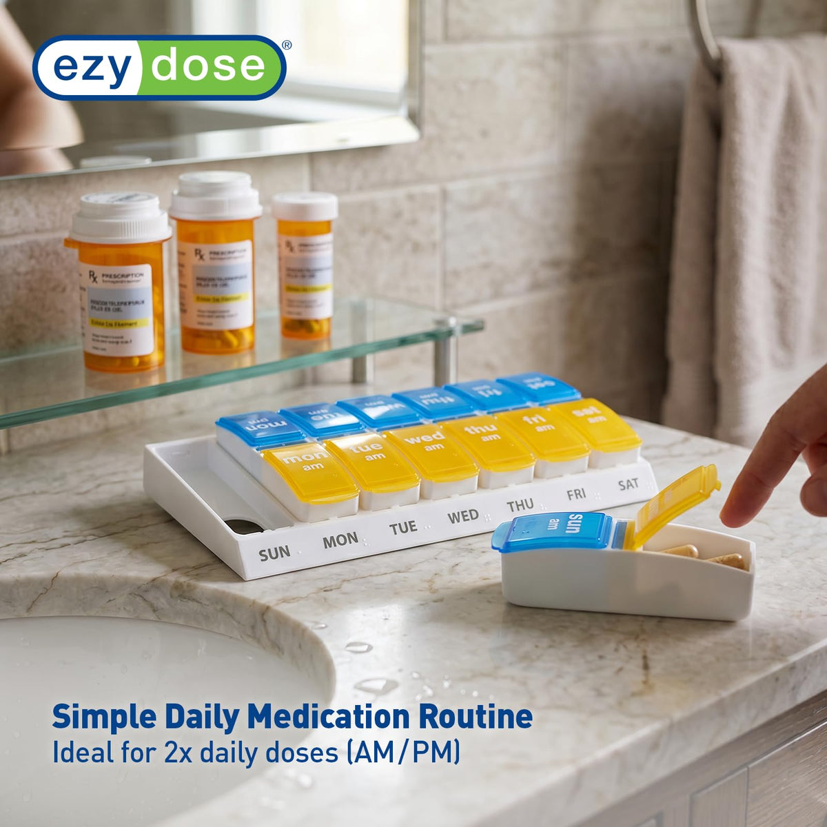 EZY DOSE - Estuche semanal para píldoras (7 días), planificador de medicamentos, caja organizadora de vitaminas, 2 veces al día AM/PM, compartimentos grandes para salir, prácticos y fáciles de usar,