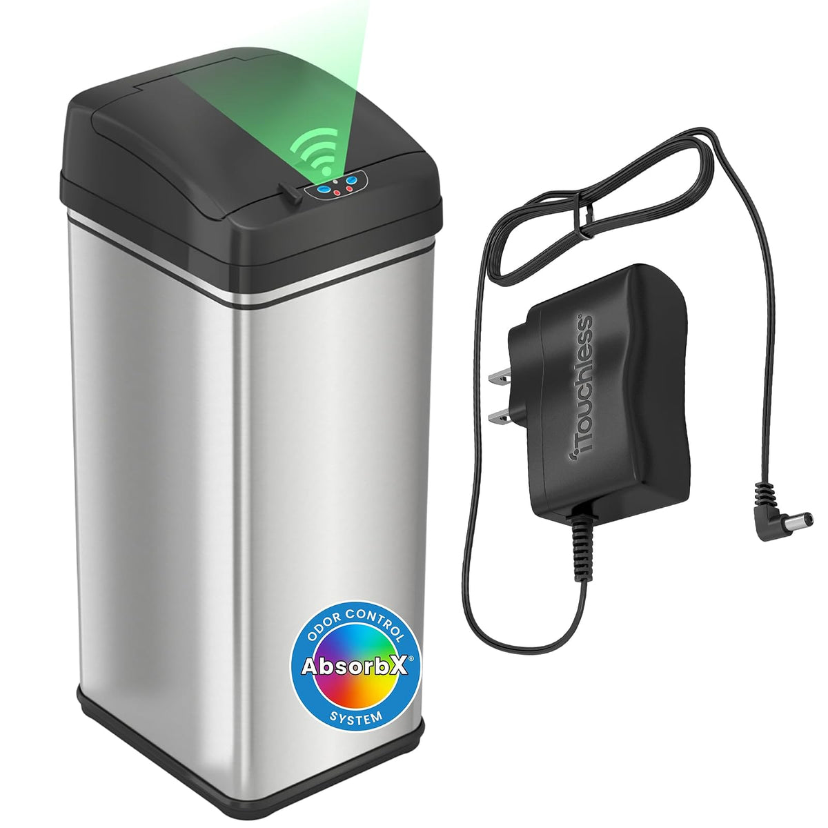 iTouchless - Cubo de basura con sensor de 49.2 l, sin batería, con filtro de olor, para cocina y oficina, color negro y acero inoxidable, adaptador AC - Plata clara