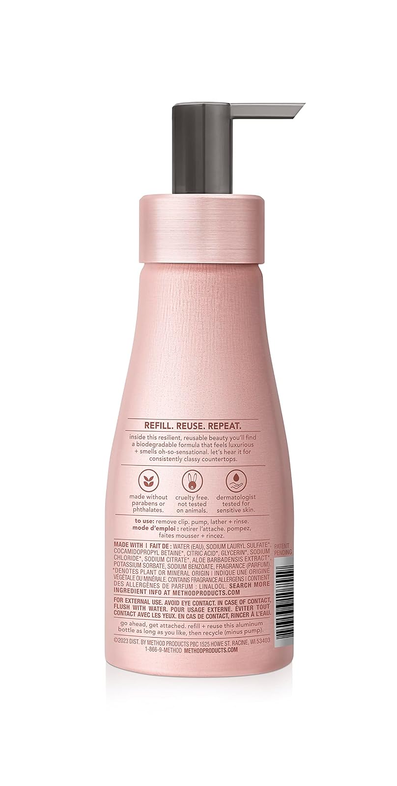 Method Jabón de Manos Espumante Premium 10 fl oz | Vainilla + Frambuesa, Pack de 3, Botella de Aluminio Rosado Reutilizable, Fórmula Biodegradable