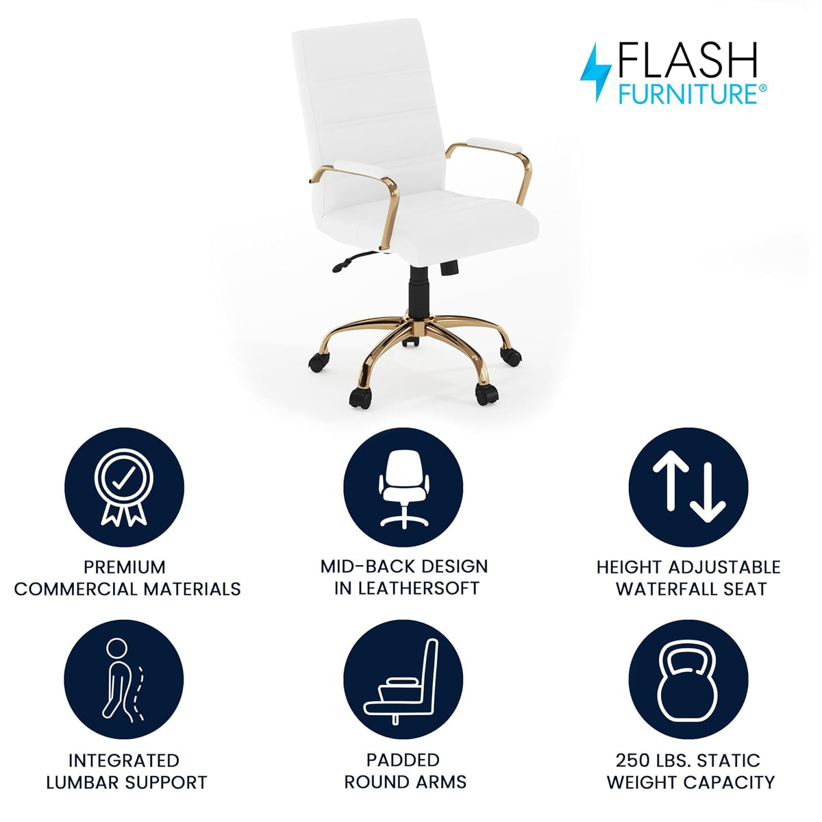 Flash Furniture Silla de Oficina con Respaldo Medio - Silla de Escritorio Ejecutiva de Polipiel Blanco Silla de Computadora con Estructura Dorada y Reposabrazos, 23" W x 24" D x 37" - 40.75" H