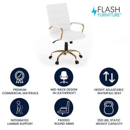 Flash Furniture Silla de Oficina con Respaldo Medio - Silla de Escritorio Ejecutiva de Polipiel Blanco Silla de Computadora con Estructura Dorada y Reposabrazos, 23" W x 24" D x 37" - 40.75" H