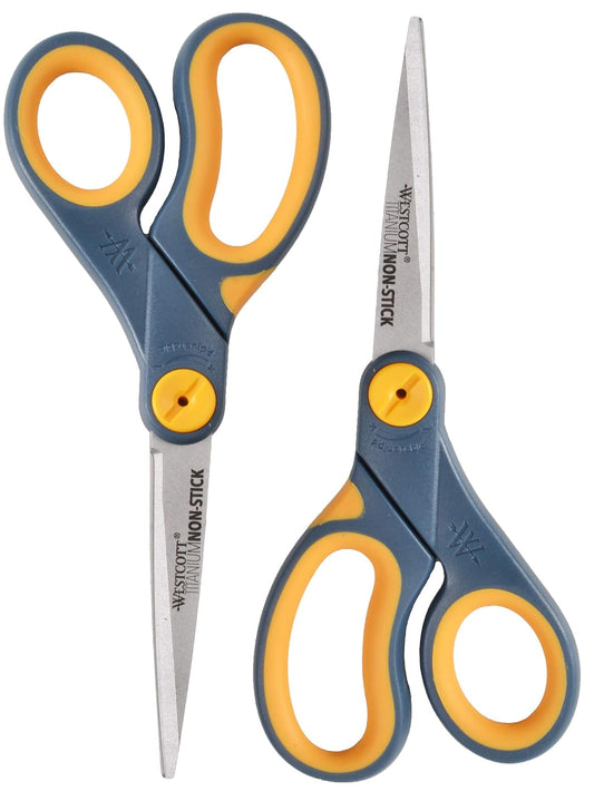 Westcott Tijeras antiadherentes de titanio rectas de 8 pulgadas con función de deslizamiento ajustable, paquete de 2 (16550), gris/amarillo