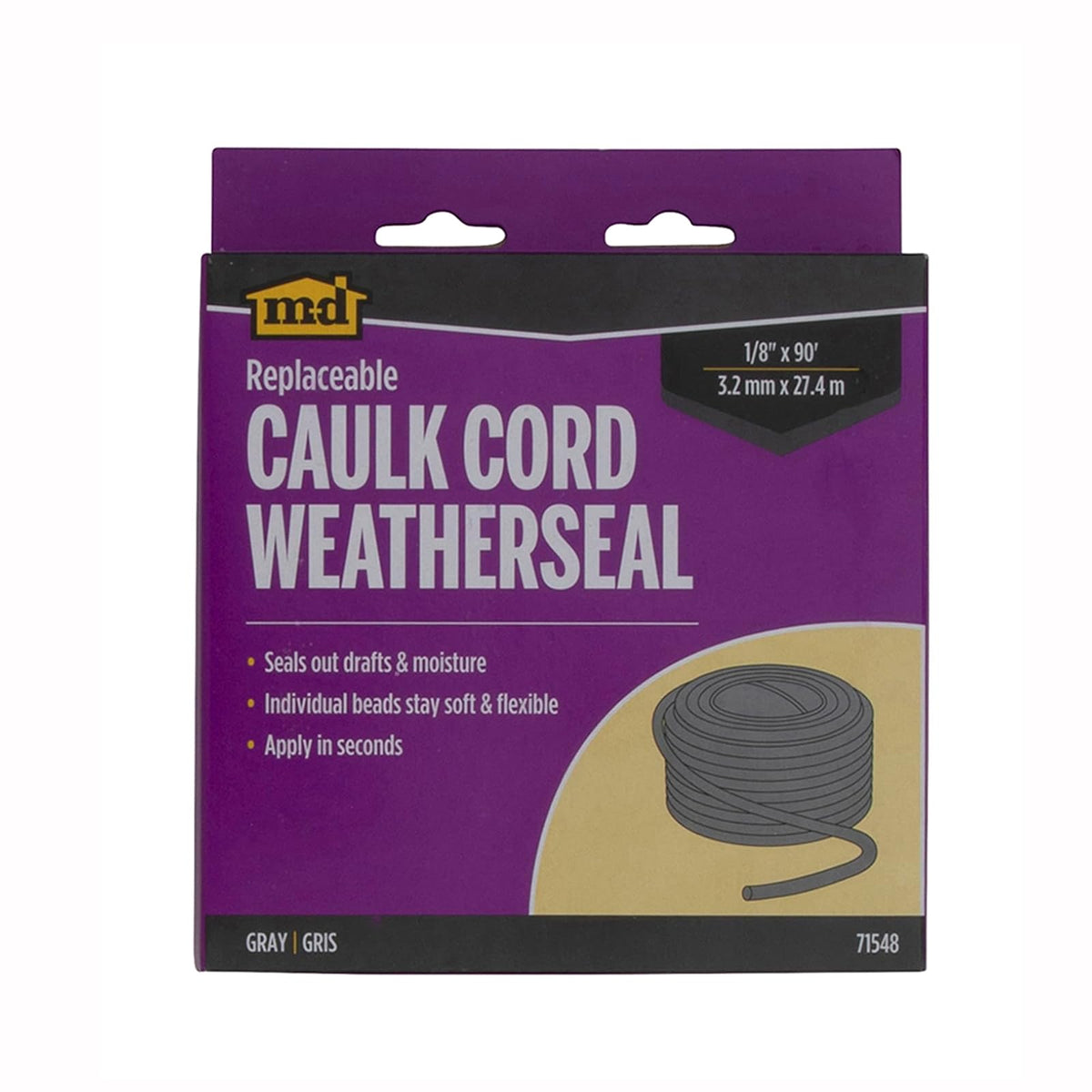 M-D Building Products 71548 M-D Replaceable Caulking Cord, 1/8 In W X 90 Ft L, Gray