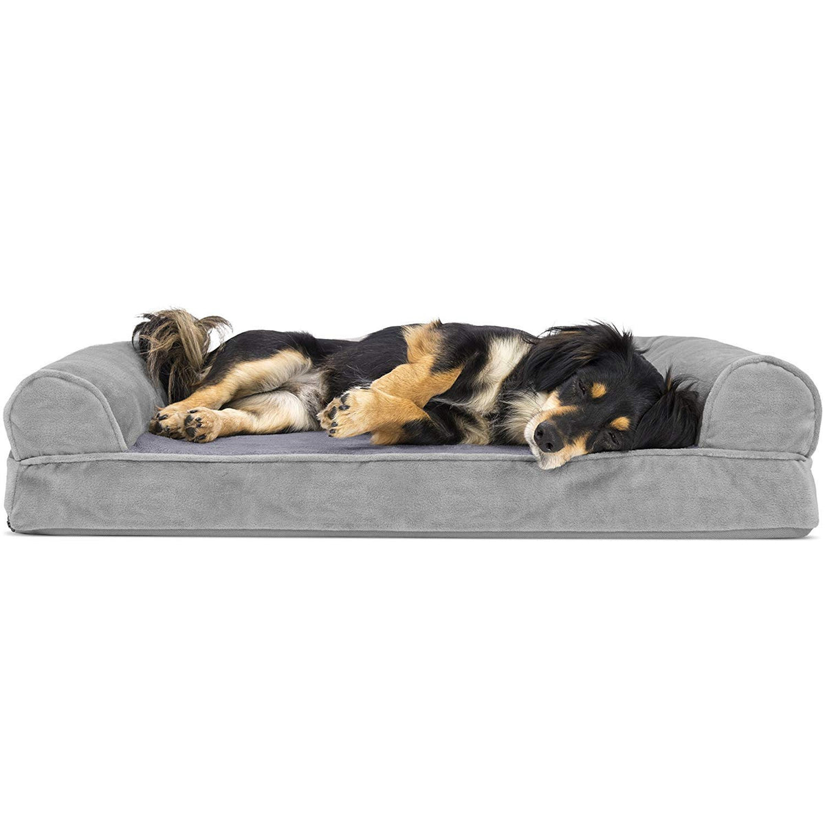 Furhaven Cama Ortopédica Estilo Sofá para Perro, Terciopelo y Piel Sintética - Sofá cama (espuma ortopédica de la caja de Egg - Mediano - terciopelo gris humo