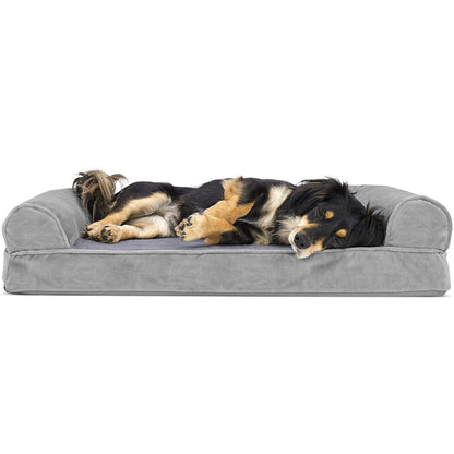 Furhaven Cama Ortopédica Estilo Sofá para Perro, Terciopelo y Piel Sintética - Sofá cama (espuma ortopédica de la caja de Egg - Mediano - terciopelo gris humo