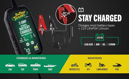 Battery Tender - Cargador y mantenedor de batería de 3 amperios – Automático Inteligente conmutable de 12 V o 6 V para Automóviles, SUV y Camiones, Cargador de batería de Plomo, AGM, Gel y Litio –