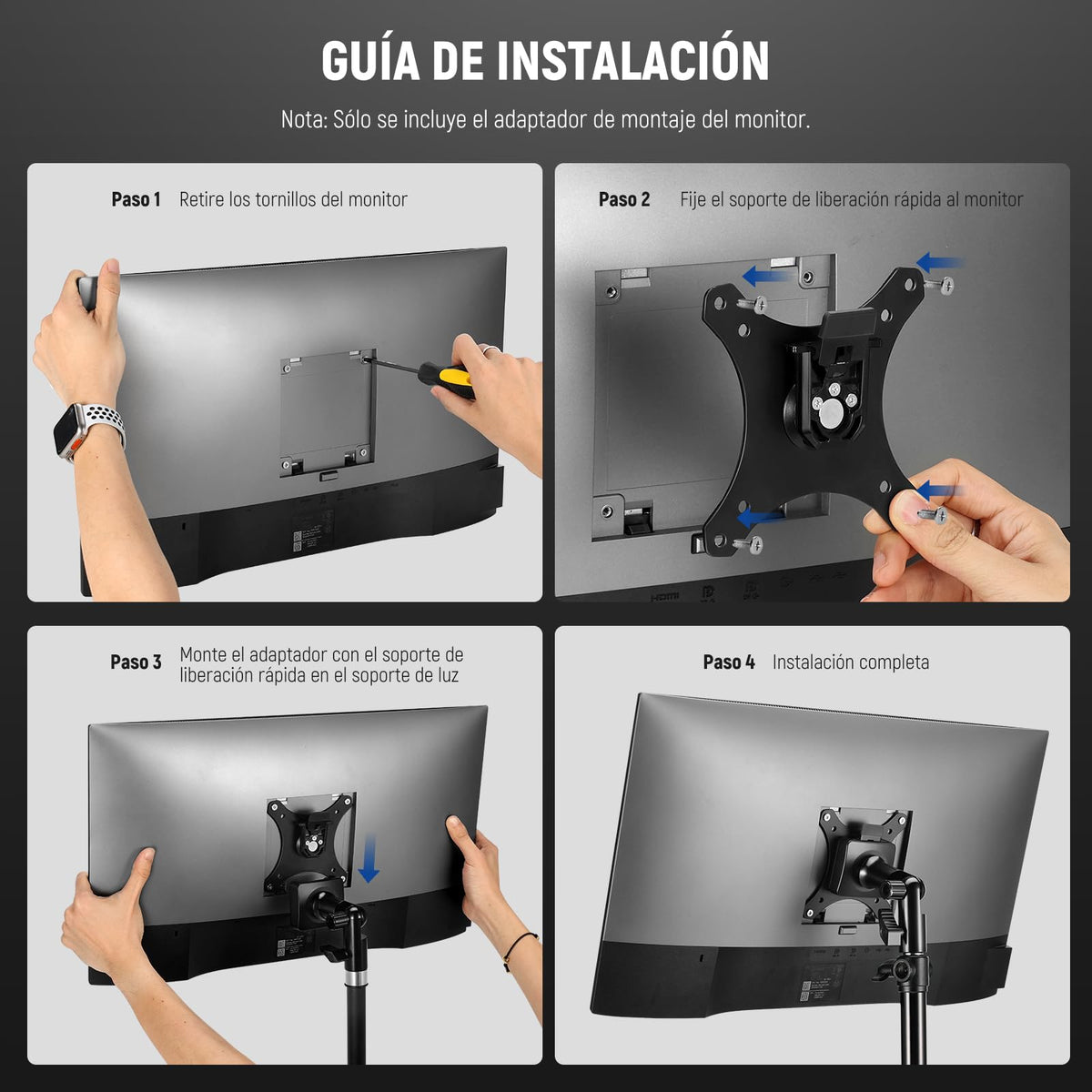 NEEWER Adaptador de Soporte Monitor con Soporte VESA Liberación Rápida, 270° Ajustable Metal 5/8" C Soporte Adaptador de Soporte luz para Pantalla Impacto Exterior TV de 17-32", Carga MAX 8kg, MA010