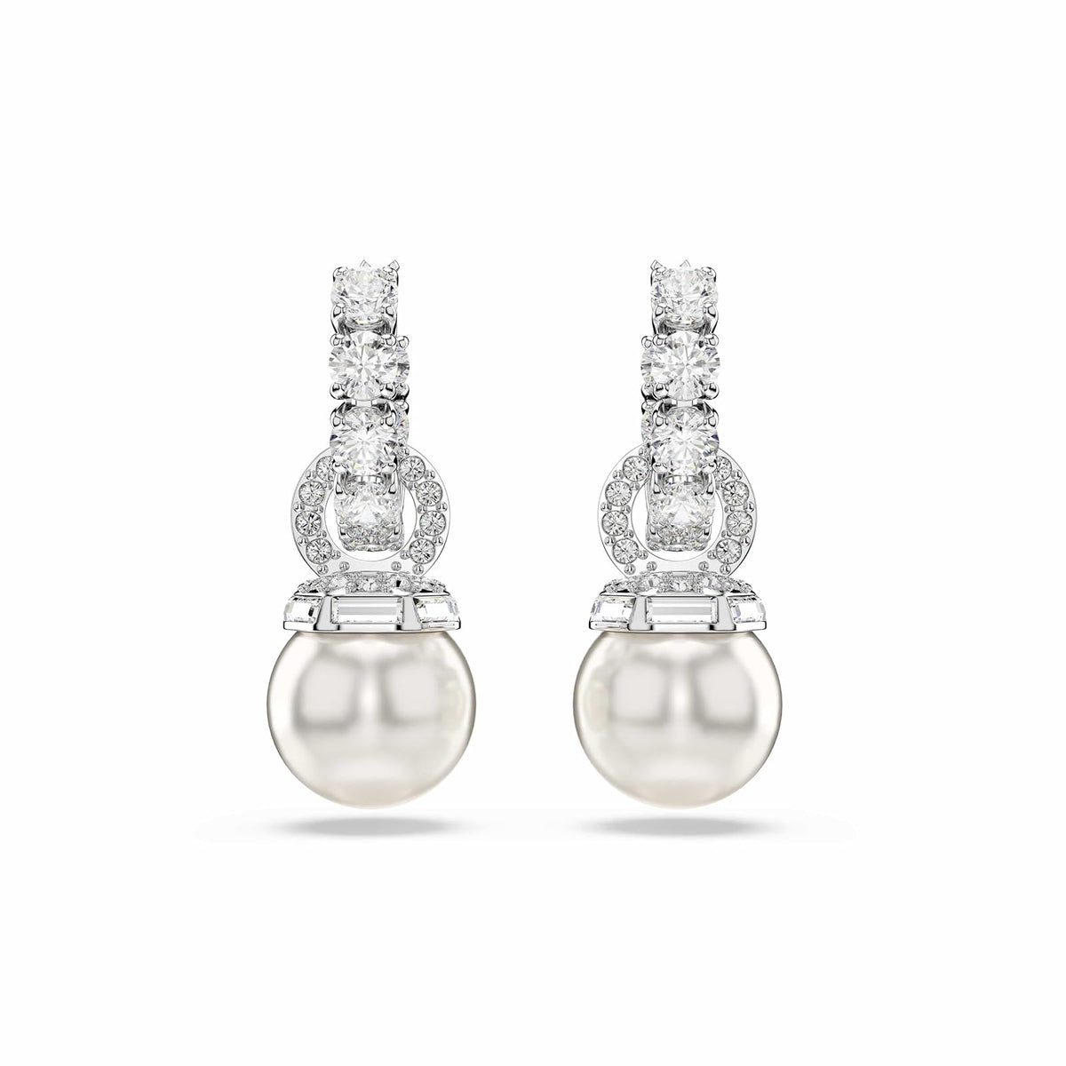 Swarovski Aretes Matrix, Perla de cristal, Talla redonda, Blancos, Baño de rodio