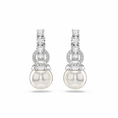 Swarovski Aretes Matrix, Perla de cristal, Talla redonda, Blancos, Baño de rodio