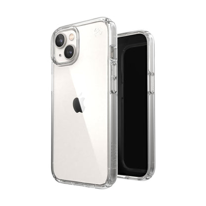 Speck Presidio Perfect Clear Funda Compatible con iPhone 14/13, Protección Caídas 4m, Bisel Elevado, Protección Antimicrobiana - Transparente