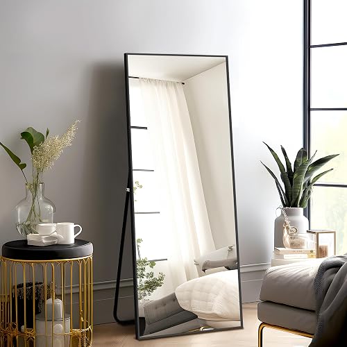 NicBex Espejo de Longitud Completa con Soporte, Espejo de Piso con Marco de aleación de Aluminio de 56 x 19 Pulgadas, Negro, Vidrio inastillable, sin pie, apoyado contra la Pared o montado en la