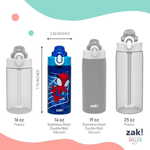 Zak Designs Marvel Spider-Man Sage - Botella de agua para niños para la escuela o los viajes, botella de agua de acero inoxidable de 14 onzas con popote, mango y a prueba de fugas, cubierta de
