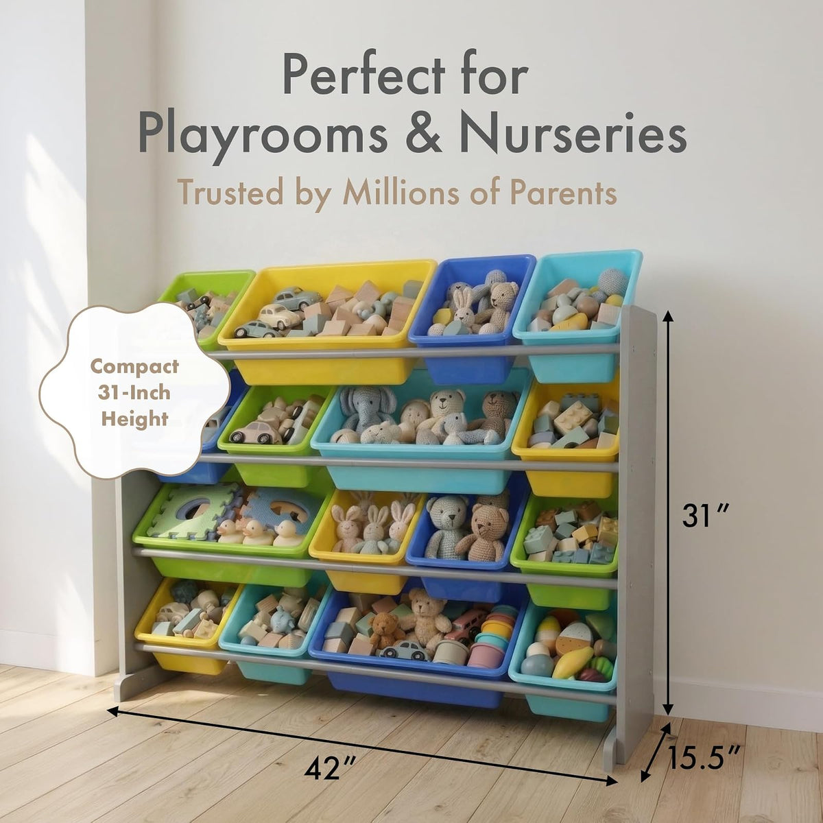 Tot Tutors WO498 Elements Collection Wood Toy Storage Organizer, X-Large, Grey/Blues