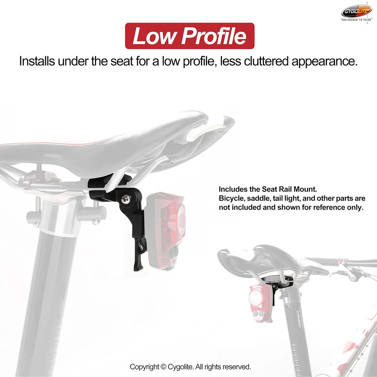 Cygolite - Soporte para riel de sillín - para luces traseras Cygolite Hypershot y Hotshot serie - Se instala debajo del sillín de bicicleta, aspecto menos desordenado, compacto y duradero, se adapta a