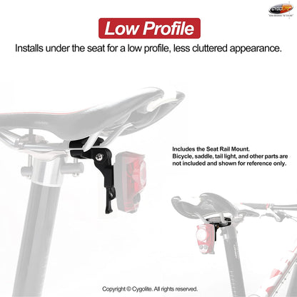 Cygolite - Soporte para riel de sillín - para luces traseras Cygolite Hypershot y Hotshot serie - Se instala debajo del sillín de bicicleta, aspecto menos desordenado, compacto y duradero, se adapta a