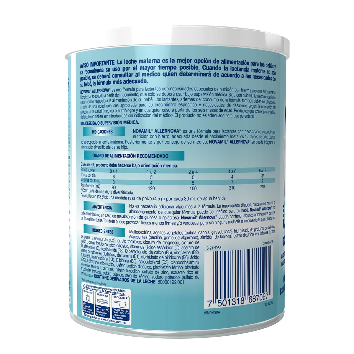 NOVAMIL ALLERNOVA - Etapa desde el nacimiento hasta los 36 meses. Fórmula para bebés y niños con intolerancia a la lactosa o alergia a la proteína de leche, fomenta un óptimo crecimiento y desarrollo. Lata con 400g