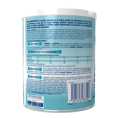 NOVAMIL ALLERNOVA - Etapa desde el nacimiento hasta los 36 meses. Fórmula para bebés y niños con intolerancia a la lactosa o alergia a la proteína de leche, fomenta un óptimo crecimiento y desarrollo. Lata con 400g