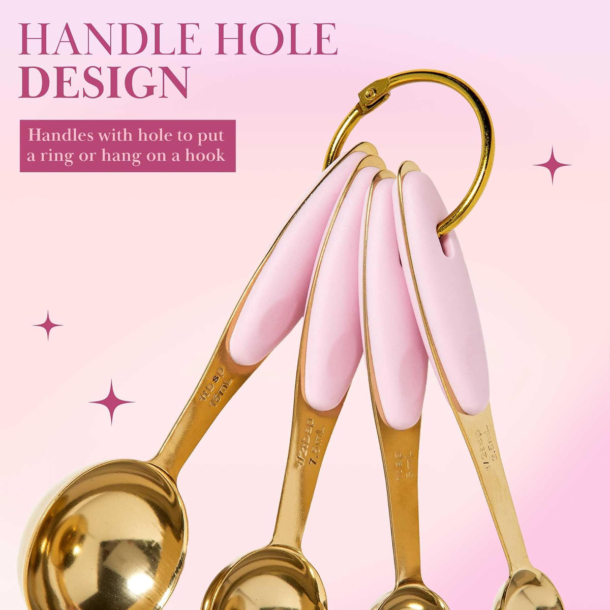 Paris Hilton - Juego de tazas y cucharas medidoras de acero inoxidable con mango de silicona rosa, apto para lavaplatos, para ingredientes secos y líquidos, juego de 8 piezas, dorado y rosa