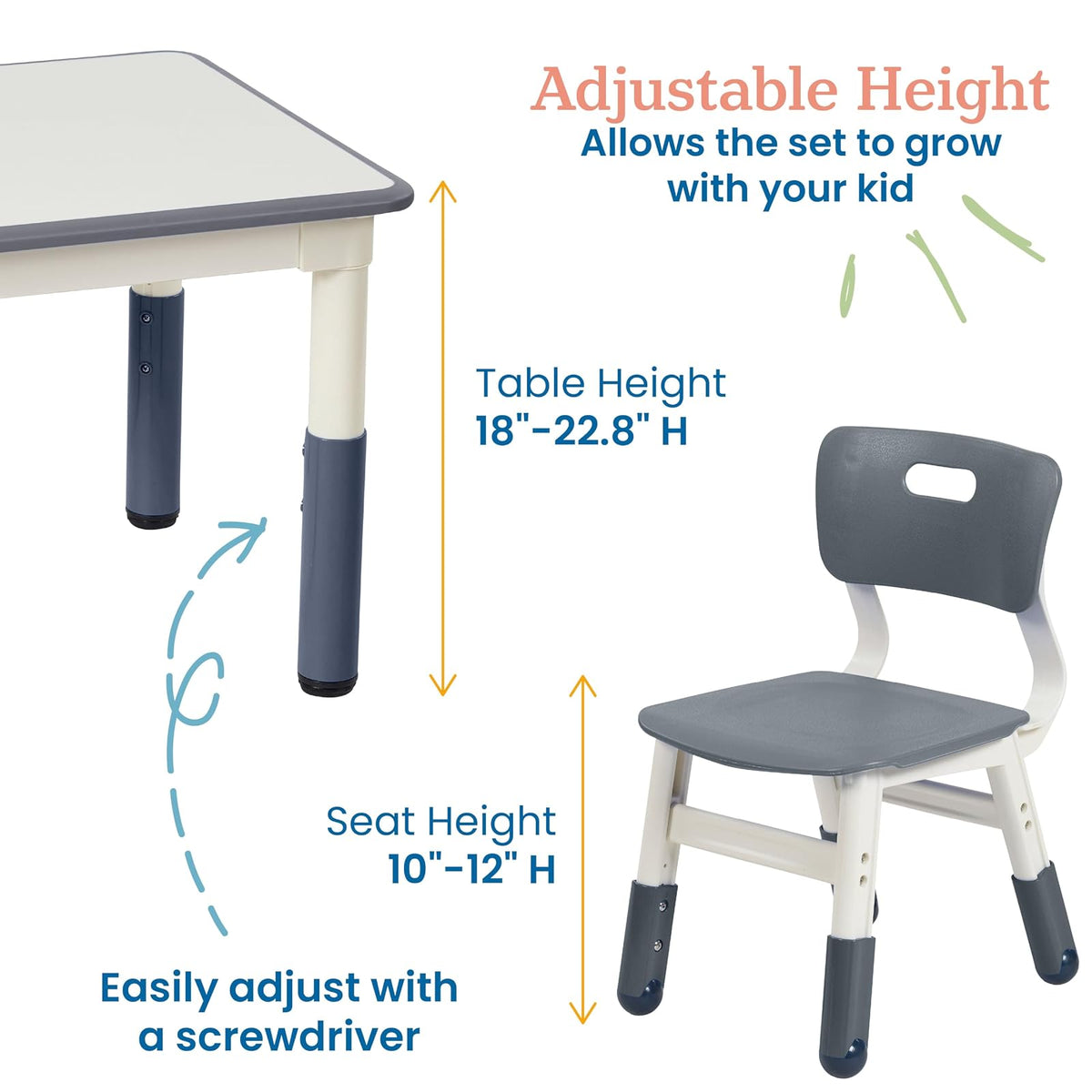 ECR4Kids Mesa de Actividades Cuadrada de borrado en seco con 2 sillas, Ajustable, Muebles para niños, Gris, 3 Piezas