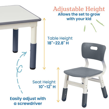 ECR4Kids Mesa de Actividades Cuadrada de borrado en seco con 2 sillas, Ajustable, Muebles para niños, Gris, 3 Piezas