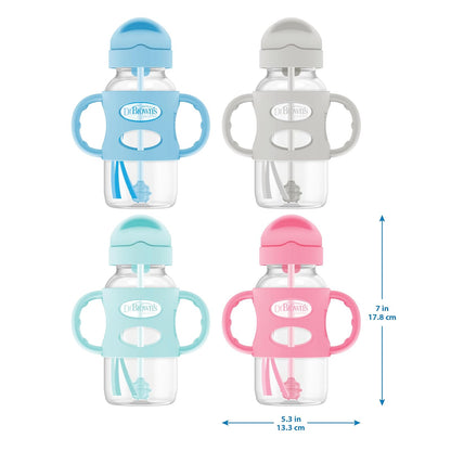 Dr. Brown's Wide-Neck Sippy Straw Bottles with Silicone Handles, Gray and Green, 9oz/270ml, 2-Pack