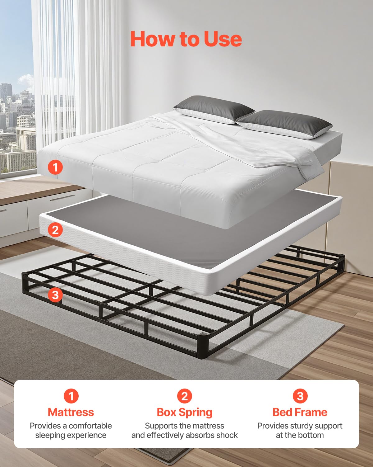VEVOR - Somier de cama tamaño Queen con tela lavable, marco de metal resistente para cama Queen, base de colchón de 5 pulgadas, capacidad máxima de peso de 3500 libras, fácil montaje, 79.1 pulgadas de