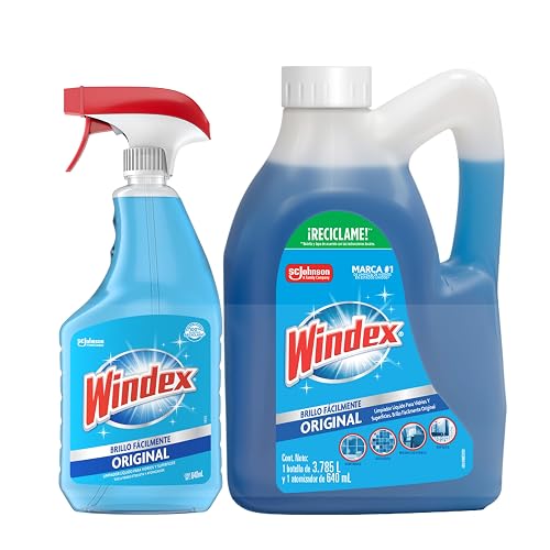 Windex Brillo Fácilmente Original, Limpiador Liquido de Vidrios y Superficies, Kit 1 Galon y 1 Atomizador de 640ml