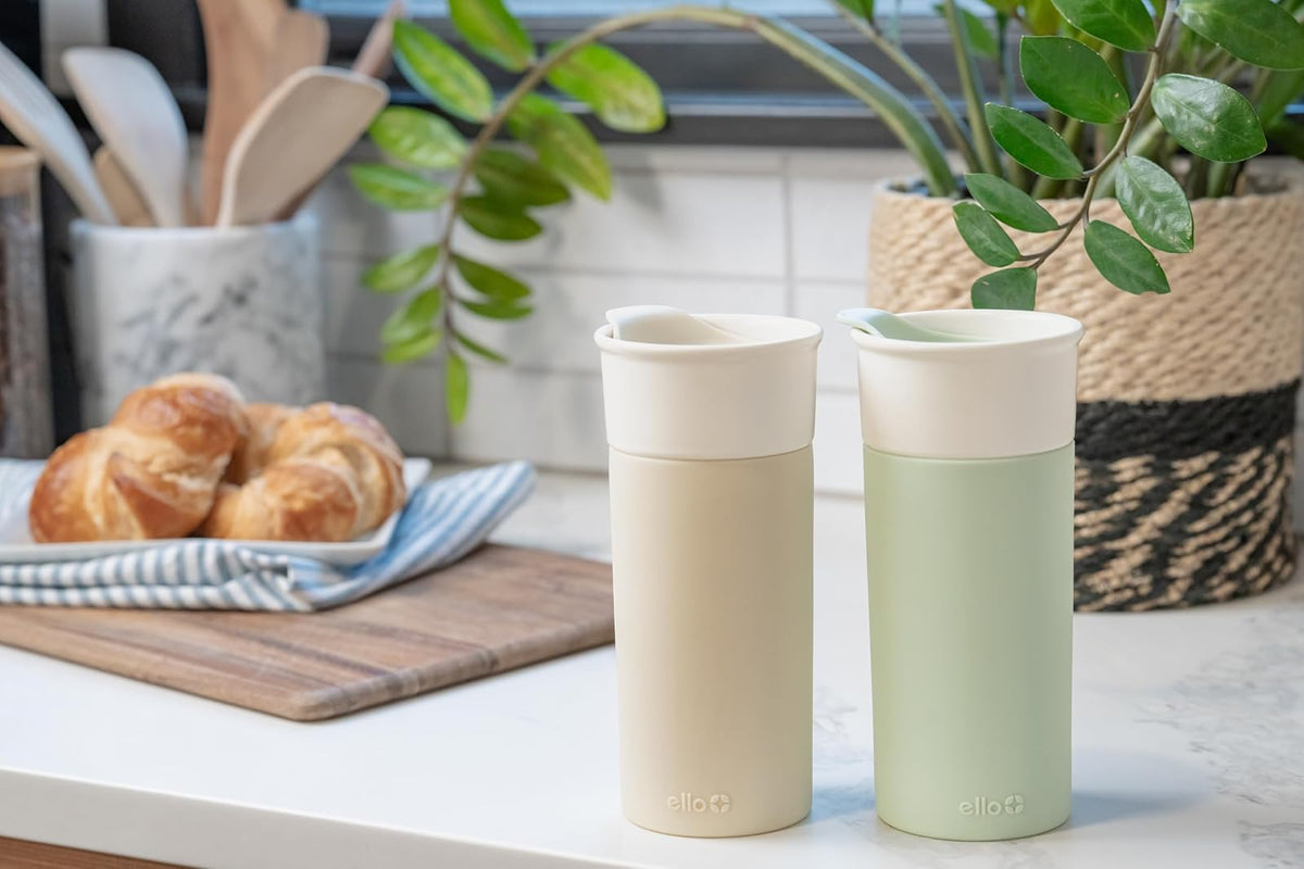 Ello Ogden - Taza de viaje de cerámica de 16 onzas con tapa deslizante resistente a salpicaduras y funda protectora de silicona, perfecta para café o té, sin BPA, apta para lavaplatos, mineral