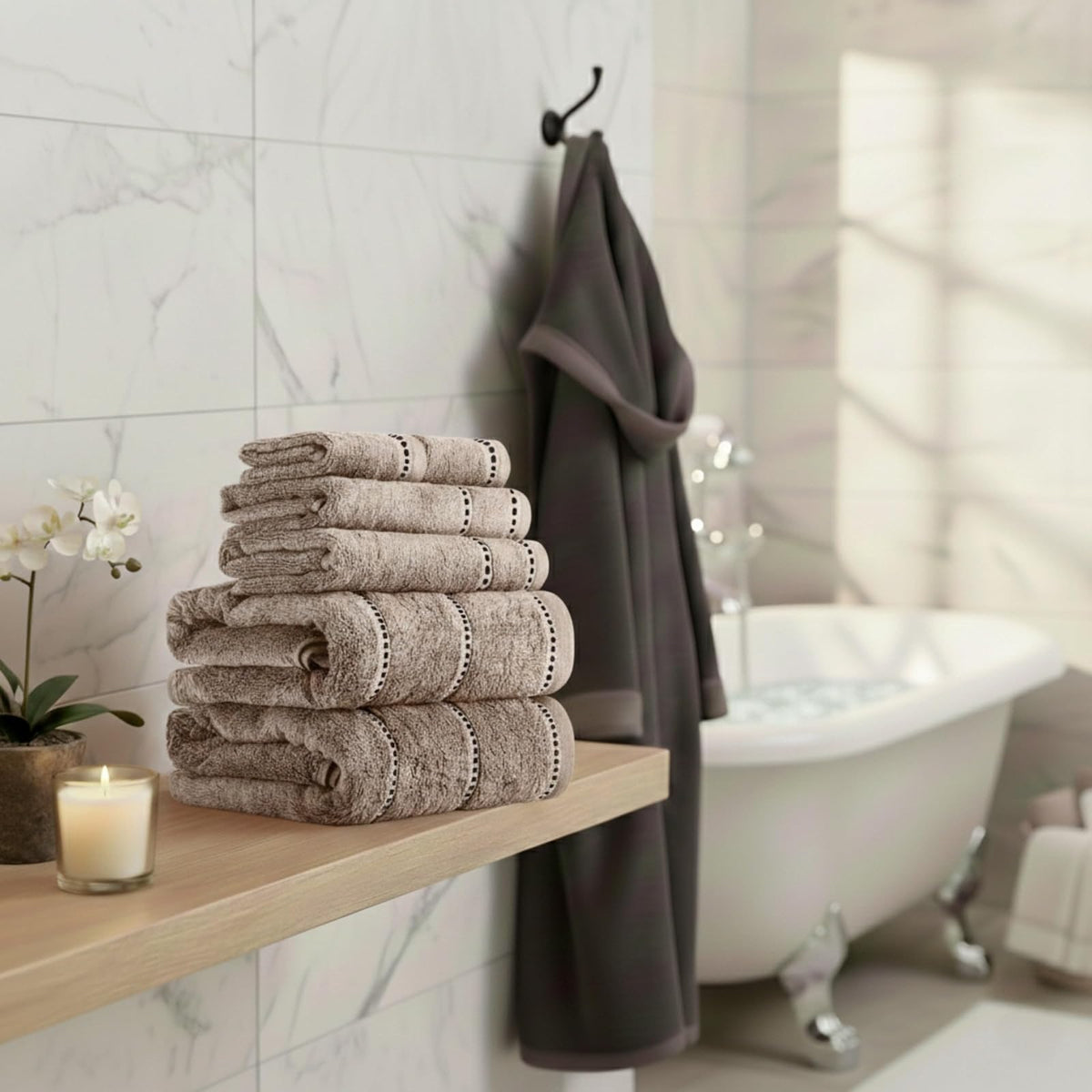 Lavish Home 67-0024-T Towel Set Zero Twist, Quick Dry Cotton, Taupe, 6 Piece