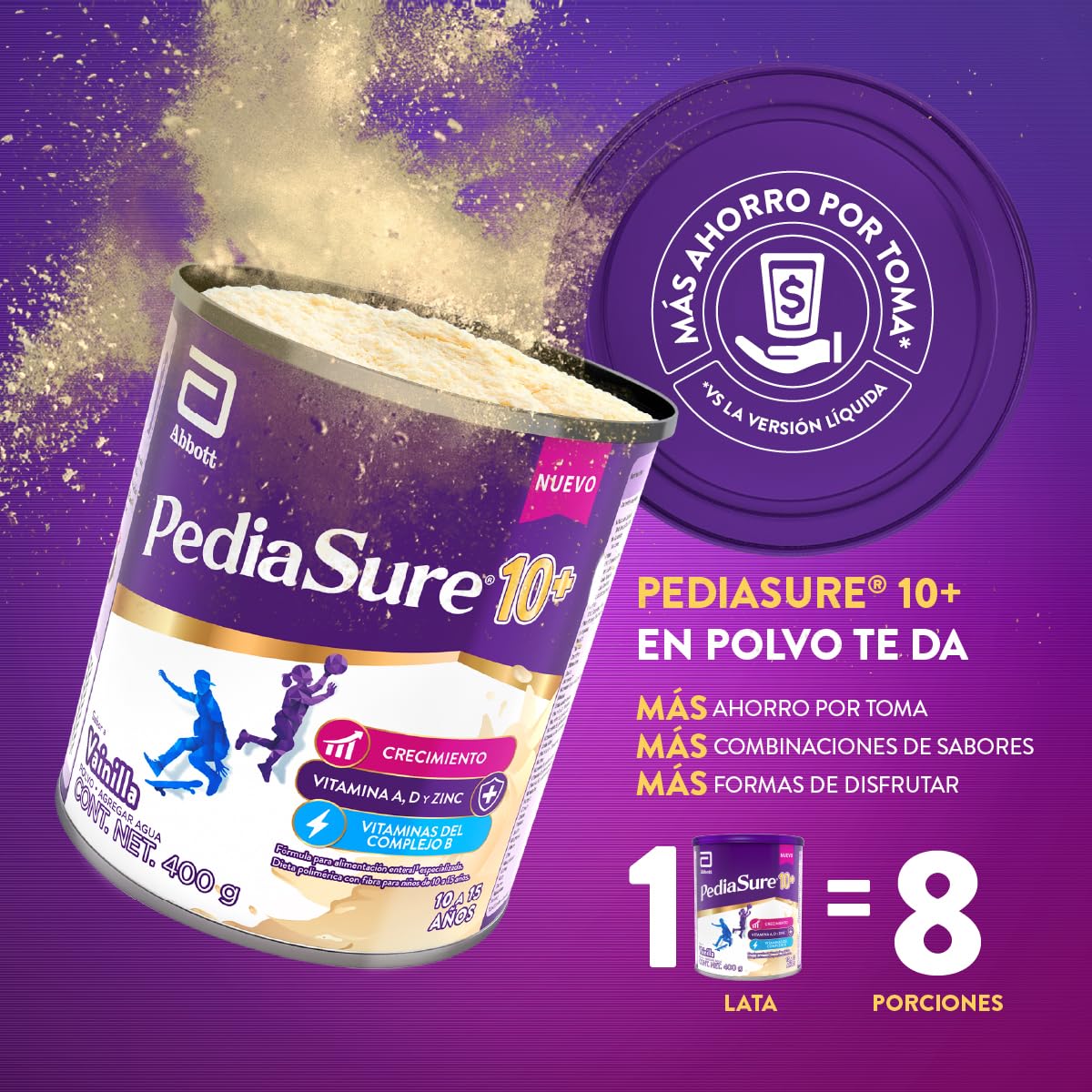 PediaSure 10+ Vainilla- Alimentación Especializada Polvo 400g | Formula especializada para adolescentes de 10 a 15 años con nutrientes esenciales que apoyan al crecimiento de los huesos.