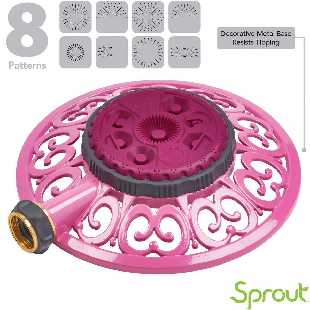 Sprout Melnor 65100-AMZ Aspersor de Metal de 8 Patrones y Adaptador de Producto QuickConnect Paquete de , Color Rojo Frambuesa
