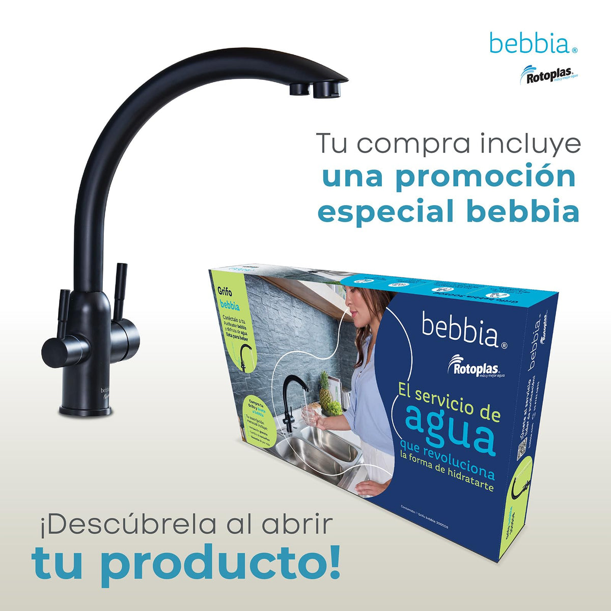 Rotoplas Bebbia Grifo 3 Vías Negro Mate Arco | Agua fría, caliente y purificada, acero inoxidable, conductos separados