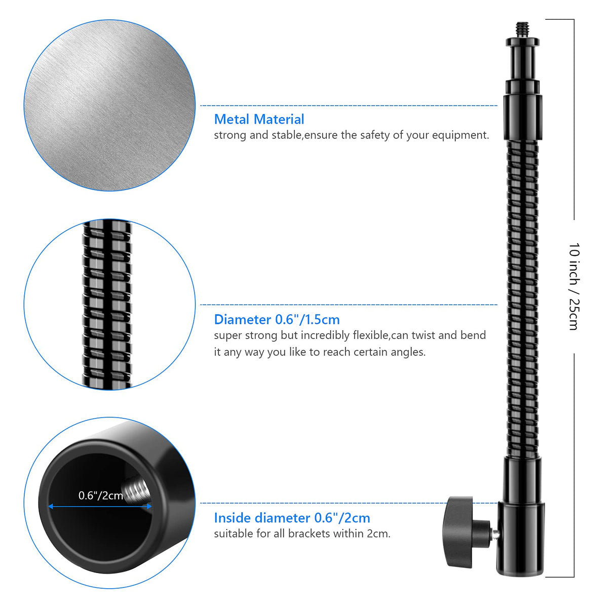 NEEWER 10 "/ 25 cm de Metal Flexible Brazo Tubo para LED Luces de Video, Anillo de Luz de Flash y Otros Accesorios de Fotografía con 1/4" Tornillo de Rosca