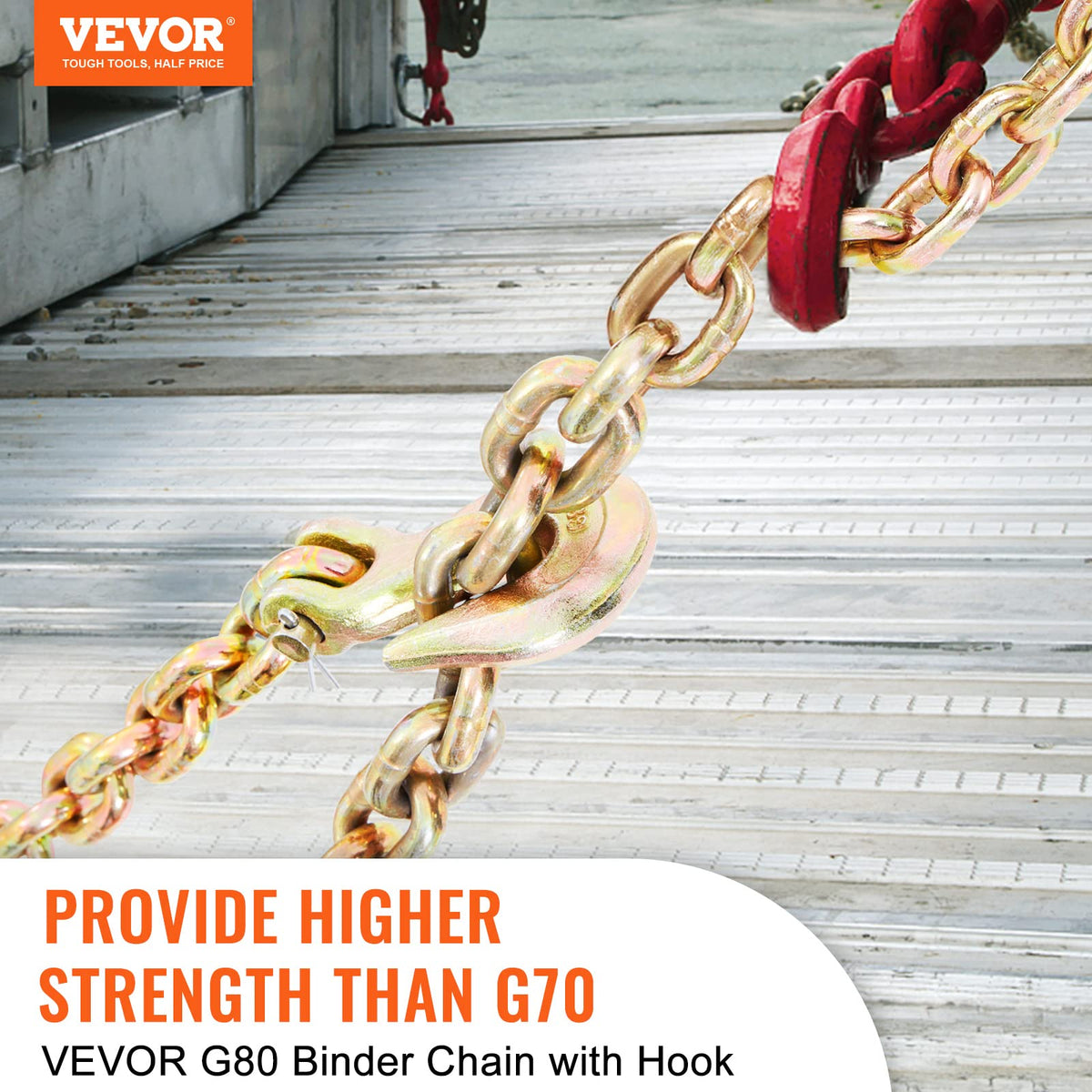 VEVOR Cadenas de Transporte con Ganchos Cadenas de Remolque G80 Capacidad de Carga de 3220 kg 9,53mm x 6m Recubrimiento Galvanizado Acero al Manganeso para Sitio de Construcción, Muelle, Fábrica