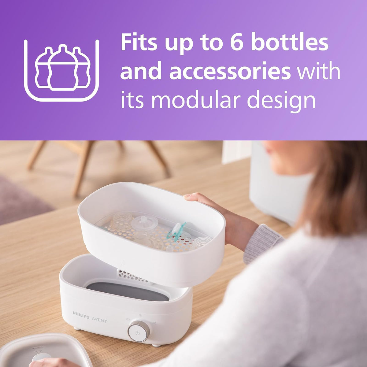 Philips Avent Esterilizador Eléctrico a Vapor Esteriliza, Seca y Almacena | Biberones listos para cada toma | Elimina 99.9% de gérmenes | Esteriliza y seca en 40 minutos | Hasta 6 biberones | SCF293/00