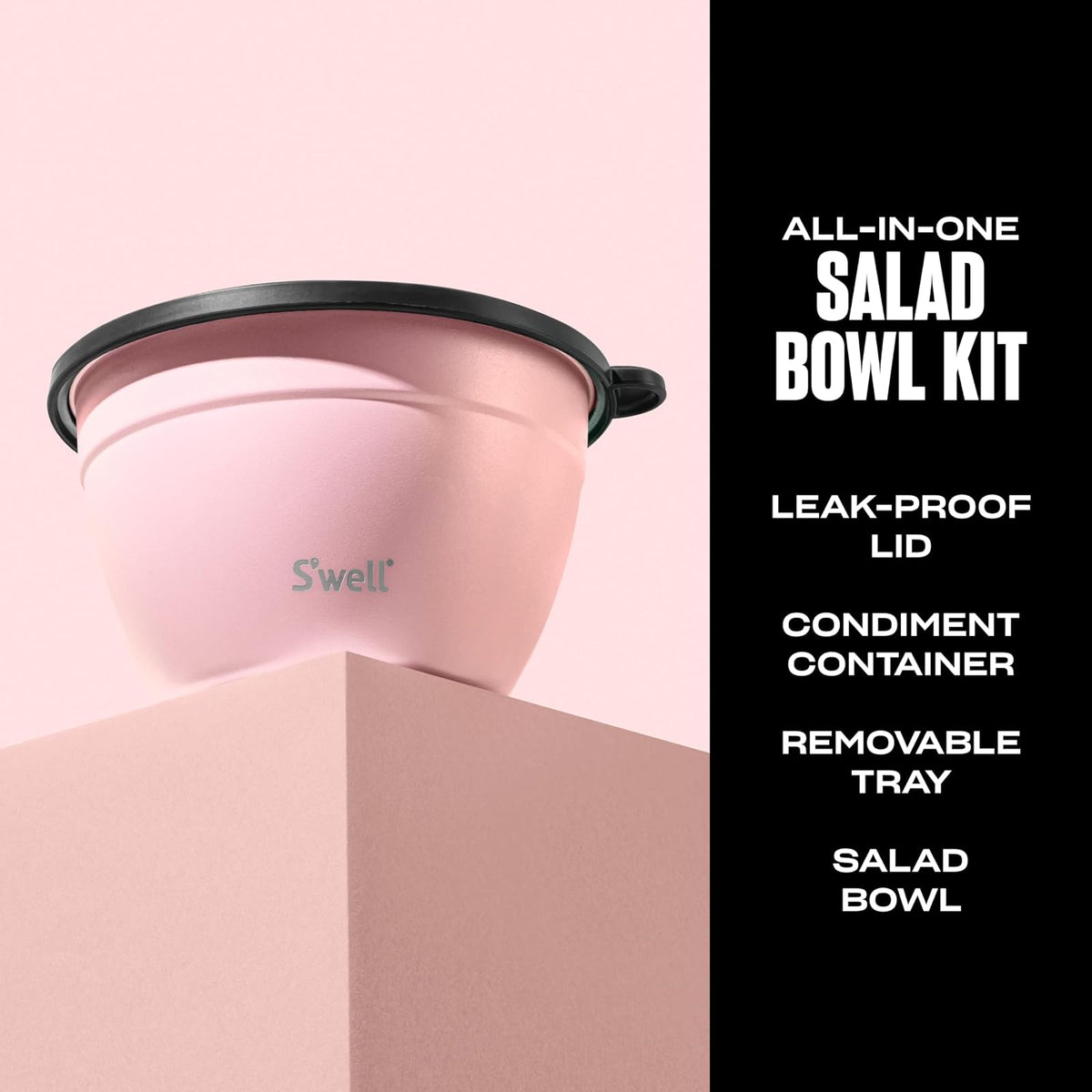 S'well - Kit de ensaladera de acero inoxidable de 64 onzas, color topacio rosa, viene con mini recipiente de 2 onzas y bandeja extraíble para organización, a prueba de fugas y apto para lavaplatos