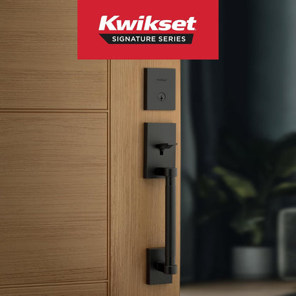 Kwikset Prava - Juego de manija y cerrojo para puerta delantera con palanca reversible interior, color negro mate, resistente a la púa SmartKey Rekey seguridad con protección Microban