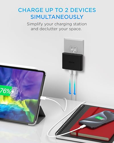 Cargador USB-C multipuerto de 36 W de iHome: Bloque de Cargador USB C Plano de 2 Puertos AC Pro, Cargador de Pared USB C Doble, Cargador de Pared USB-C Compatible con Carga rápida