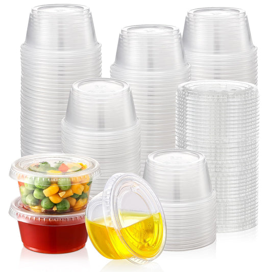 AOZITA Tazas de Chupito de Gelatina de 2 Onzas 60 Juegos | Plástico pequeño con tapa, hermético, apilable, transparente, 60 piezas, 2 oz cada una