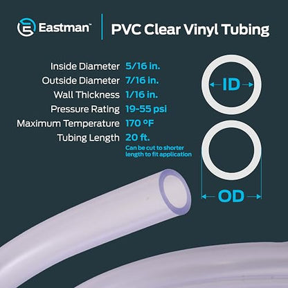 Eastman 98619 - Tubería de vinilo transparente de PVC de 5/16 pulgadas de diámetro exterior de 5/16 pulgadas, longitud de 20 pies