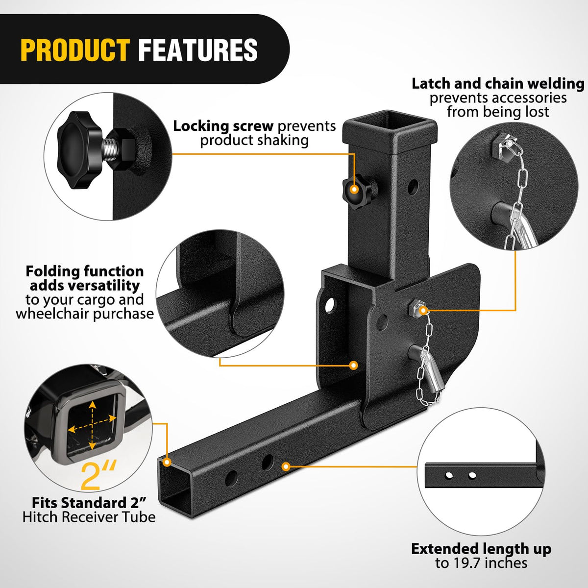Nilight - Extensión plegable de enganche de remolque de 16.5 pulgadas, compatible con adaptador de transporte de carga para silla de ruedas, receptor de 2 pulgadas, enganche de remolque de 500 libras,