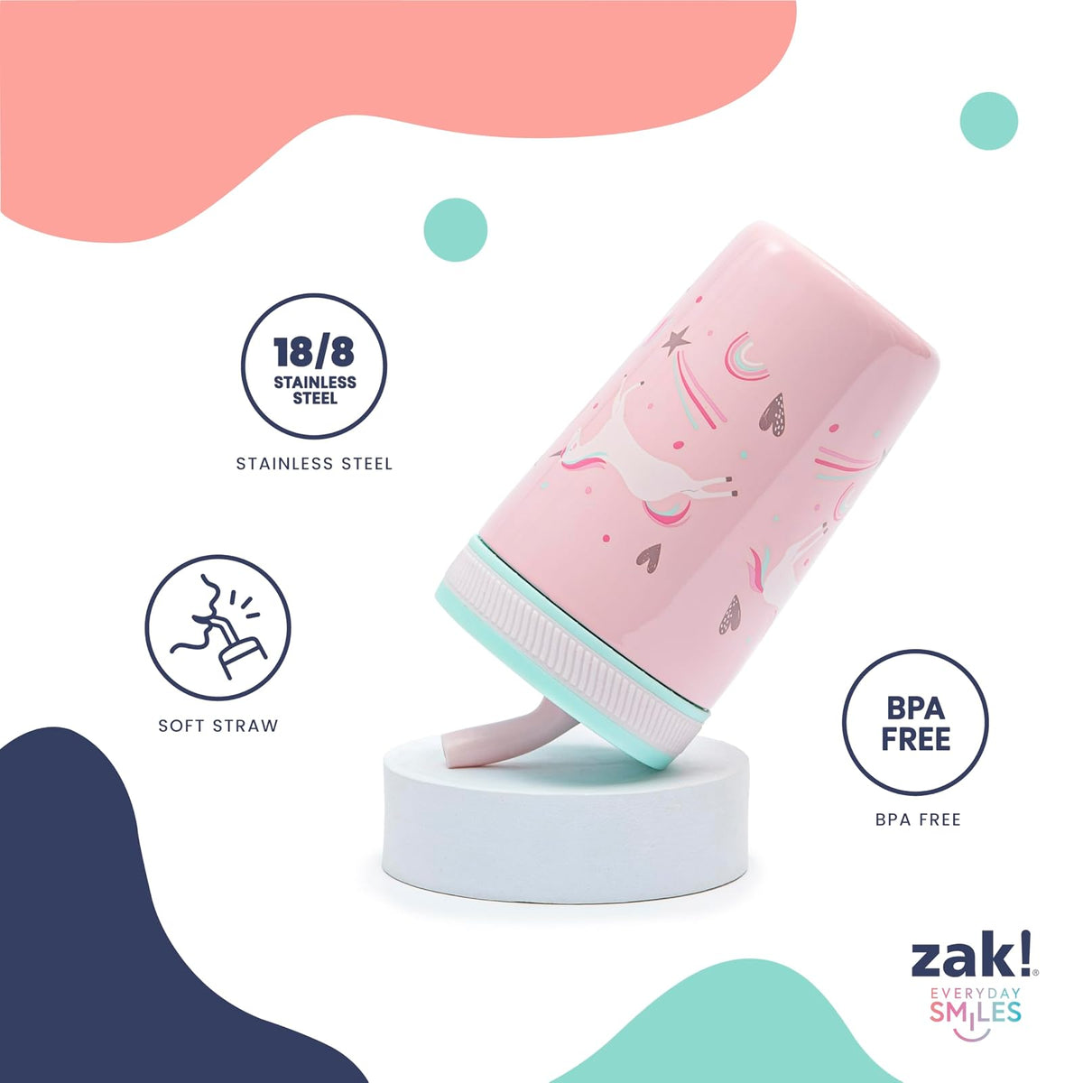 Zak Designs - Taza de paja para niños pequeños con diseño de unicornio de | última intervensión de BPA, acero inoxidable aislado, taza para beber, apto para vasos, apto para lavaplatos