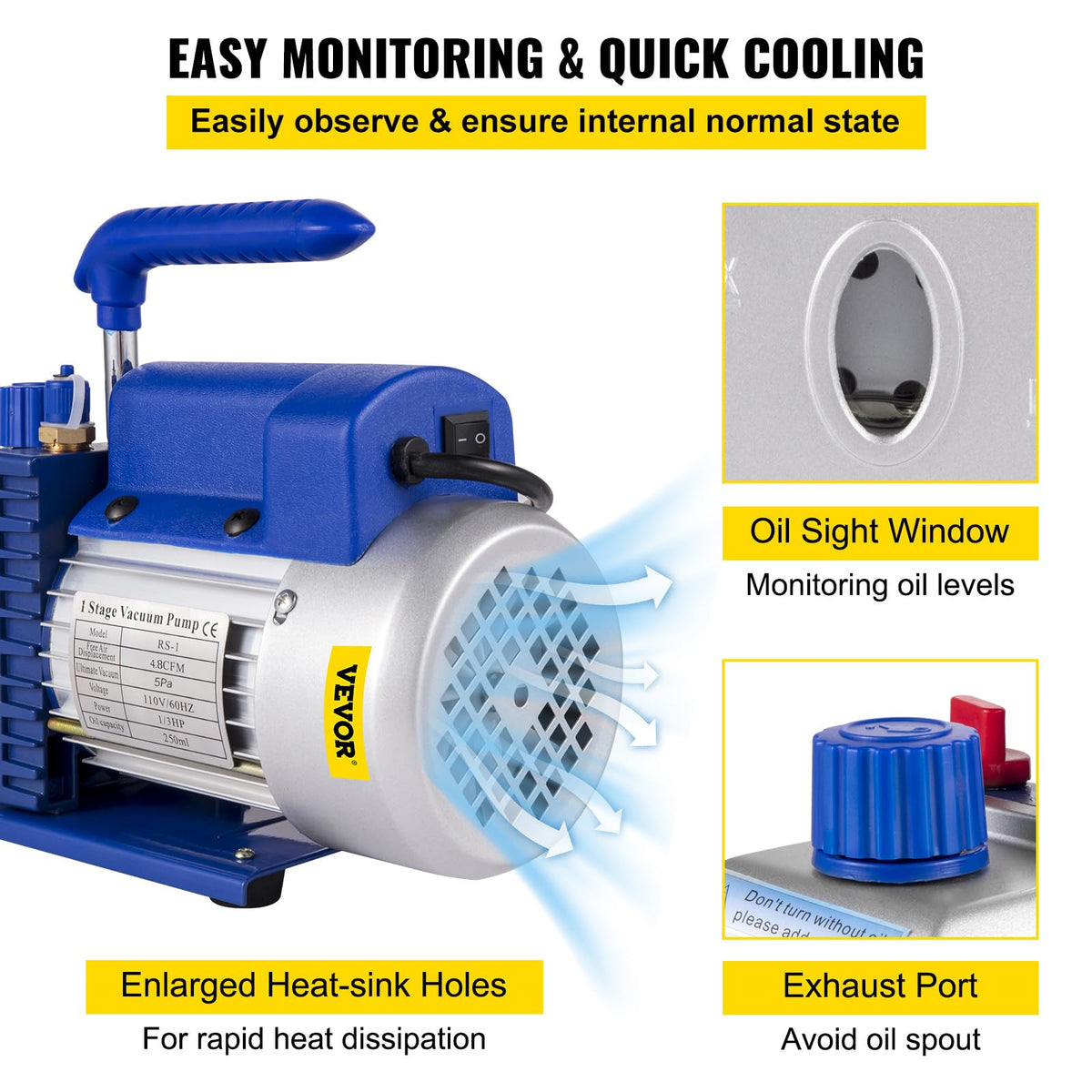 VEVOR Bomba de vacío 4.8CFM 1/3 HP Kit de refrigeración HVAC A/C de una sola etapa 5PA Ultimate Juego de manómetros de vacío R410A R134A R22 HVAC AC, manómetro de colector de 4 vías y manguera