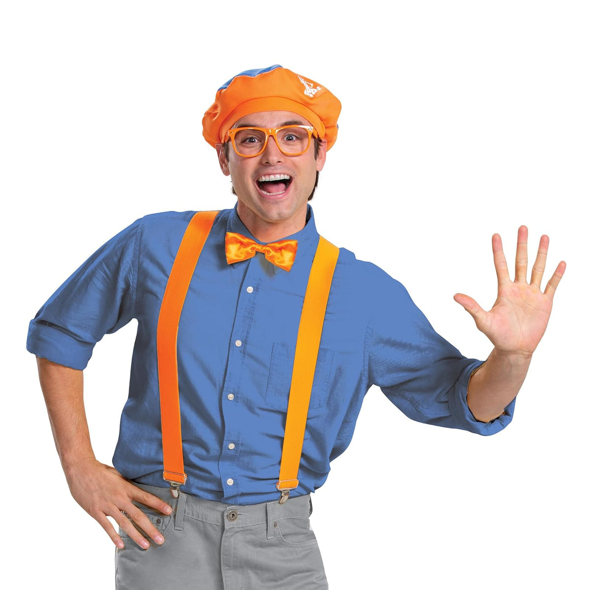 Disguise - Kit oficial de Blippi para hombre, con sombrero, anteojos y accesorios de corbatín, talla única, Anaranjado, azul, blanco, Talla única