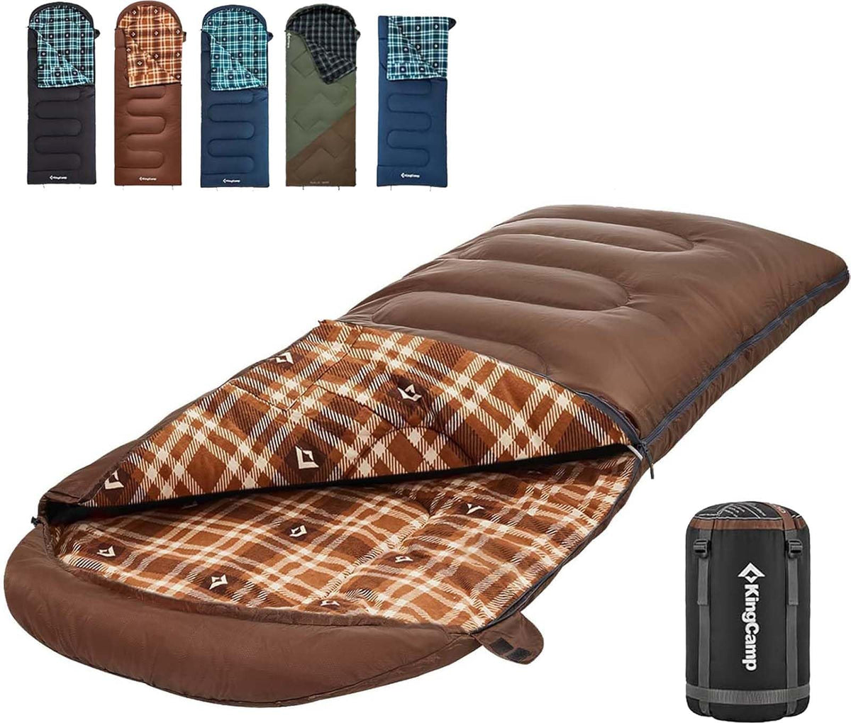 KingCamp Saco de Dormir para Adultos, Clima Frío y Cálido, XL Extra Grande, Acolchado de Franela, Impermeable y Portátil, Incluye Saco de Compresión, Ideal para Camping