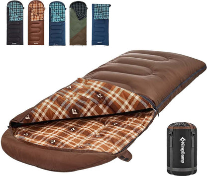 KingCamp Saco de Dormir para Adultos, Clima Frío y Cálido, XL Extra Grande, Acolchado de Franela, Impermeable y Portátil, Incluye Saco de Compresión, Ideal para Camping