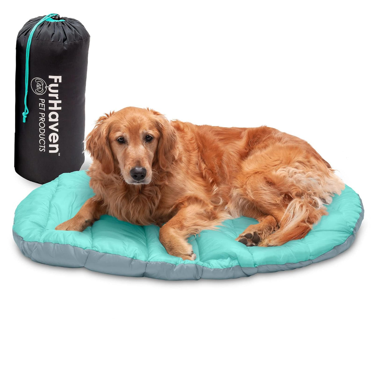 Furhaven Cama Autocalentable de Piel Sintética para Mascotas Pequeñas - Travel Aqua & Granite Gray - Large - Cama de viaje con saco de cosas