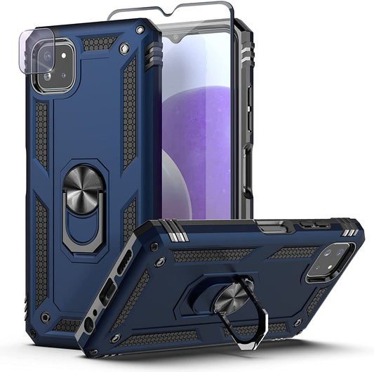 BestMX Funda para Samsung Galaxy A22 (5G Version) Case + Protector de Pantalla de Cristal Templado + Lens Mica, Híbrida Rugged Protección Dual Layer Bumper Carcasa con Pie De Apoyo, Azul